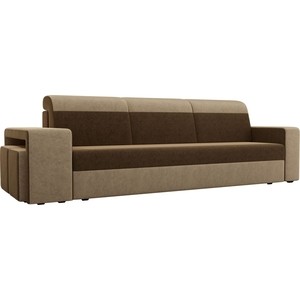 Прямой диван с двумя пуфами Лига Диванов Мустанг вельвет коричневый/бежевый