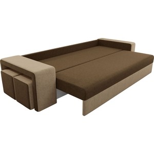 Прямой диван с двумя пуфами Лига Диванов Мустанг вельвет коричневый/бежевый