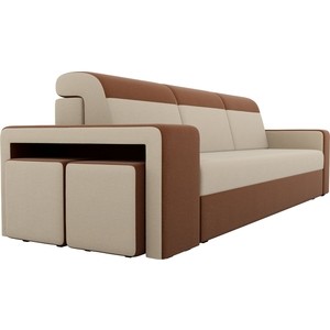 Прямой диван с двумя пуфами Лига Диванов Мустанг рогожка бежевый/коричневый