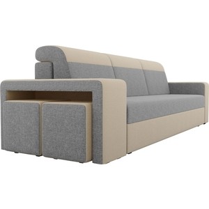 Прямой диван с двумя пуфами Лига Диванов Мустанг рогожка серый/бежевый