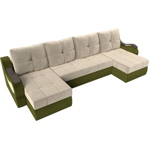 П-образный диван АртМебель Меркурий вельвет бежевый/зеленый
