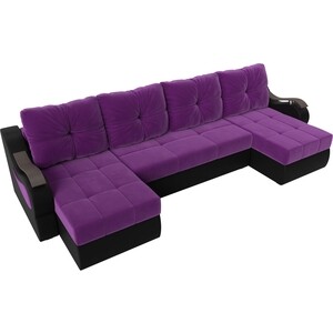 П-образный диван АртМебель Меркурий вельвет фиолетовый экокожа черный